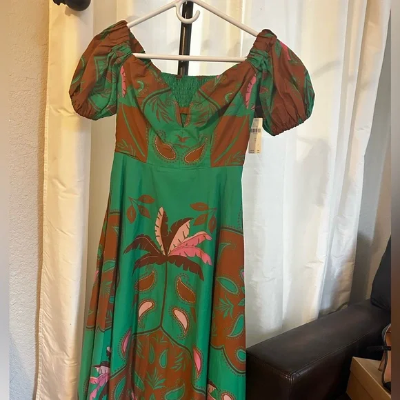 NWT Anthropologie Maeve Green and Orange Off-Shoulder Midi Dress Size 2 - Picture 6 of 8